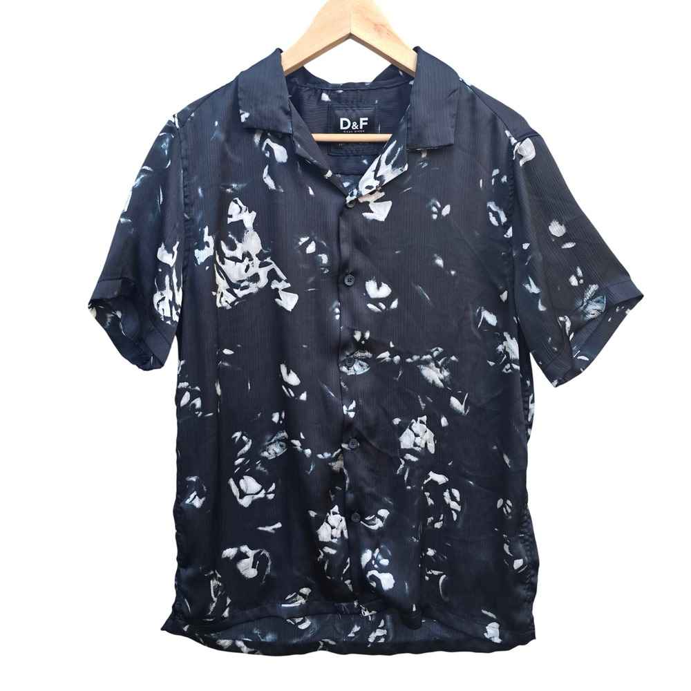 D&F Denim &‎ Flower Mens Black & White Floral Button Down Short Sleeve Shirt L